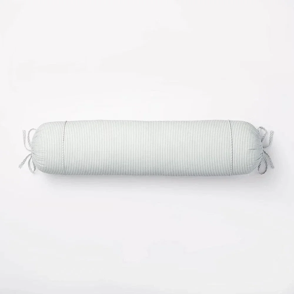 Oversized Bolster Woven Striped with Piping Cylinder Throw Pillow White/Light
